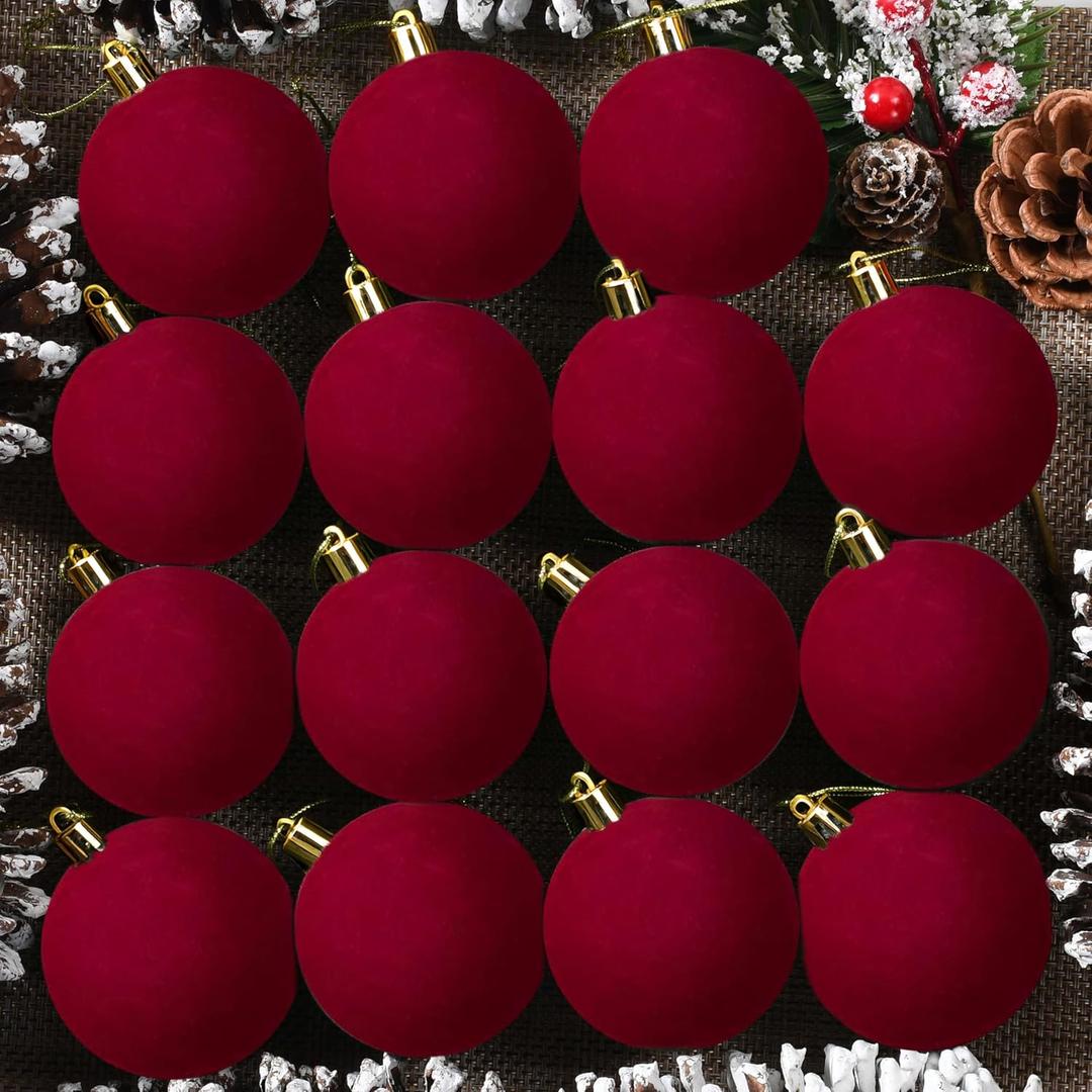 30 Pcs 2.4 Inches Velvet Christmas Ball Ornaments, Shatterproof Burgundy Red Flocked Bulbs Decorations Set, Retro Decorative Hanging Plastic Ornaments for Xmas Tree Holiday Party Dcor