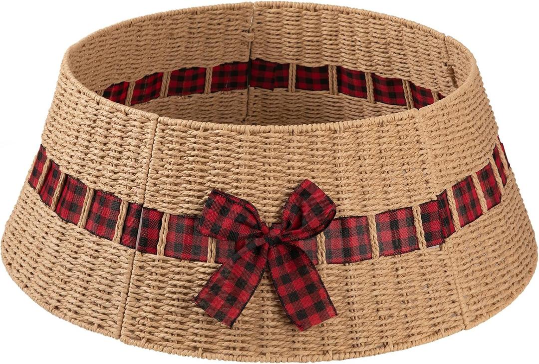 OIAHOMY Christmas Tree Collar, Wicker Holiday Tree Skirt & Stand Base Cover,Paper Rope Christmas Decor with a Bow Tie, Natural-27 inch