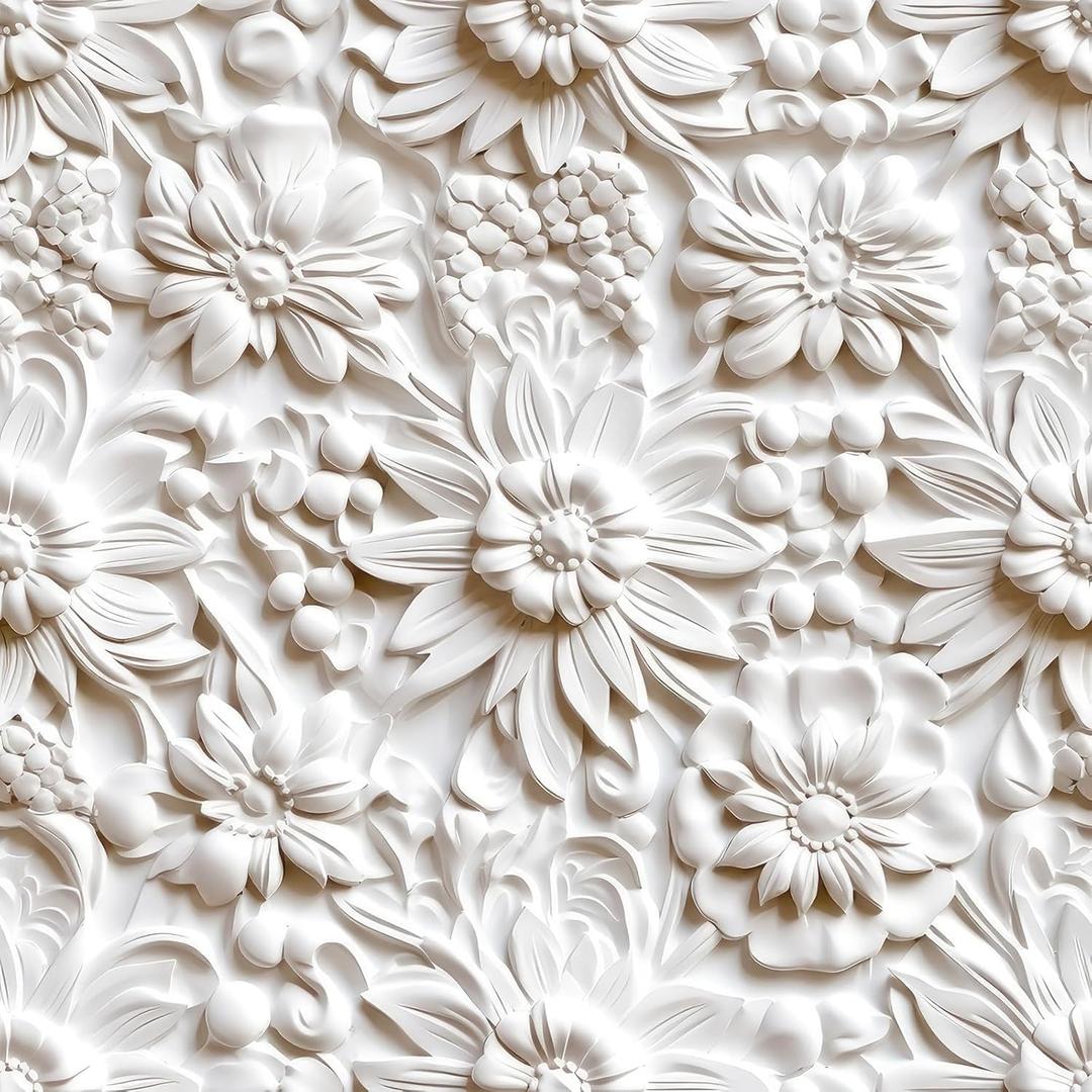 FunStick Off White 3D Floral Wallpaper Peel and Stick Embossed Flower Wallpaper for Bedroom Removable White Contact Paper Peel and Stick Wall Paper Decor for Bathroom Walls Cabinets Ceiling 17.5"x118"