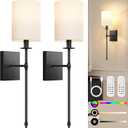 24.8 Inch Black Battery Operated Wall Sconces Set of 2, Rechargeable Wireless Wall Lights with Remote & White Fabric Shade, Indoor Not Hardwired Dimmable Wall Lamps For Bedroom, 2 Bulbs Included