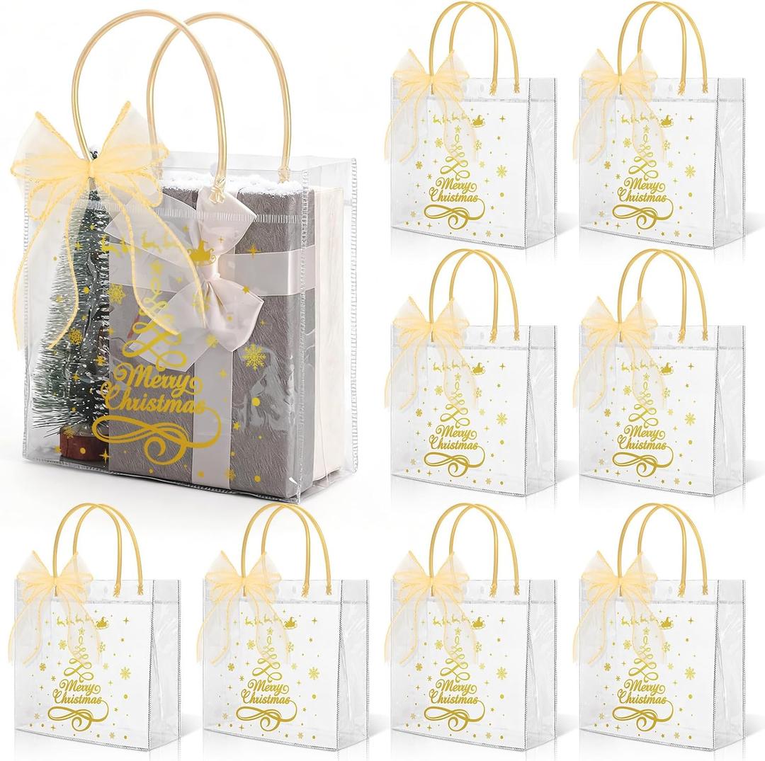 FYSUIMU 24 Pcs Christmas Clear Plastic Gift Bags with Handles Ribbon Gold Merry Christmas Tree Snowflake Candy Treat Goodie Bag PVC Tote Bags for Xmas Winter Holiday Party Favors, 7.9 x 7.9 x 3.1 Inch