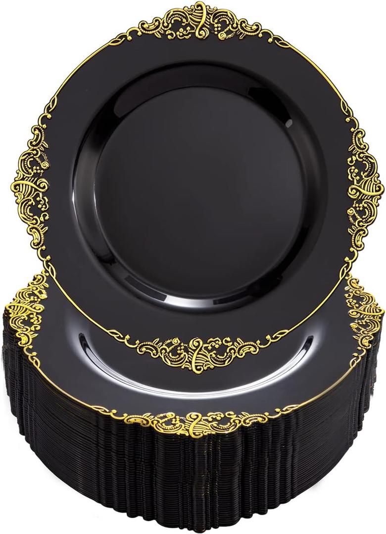 Nervure 100PCS Black and Gold Plastic Plates - 10.25Inch Black Disposable Plates - Black Plastic Dinner Plates for Wedding & Parties & New Year