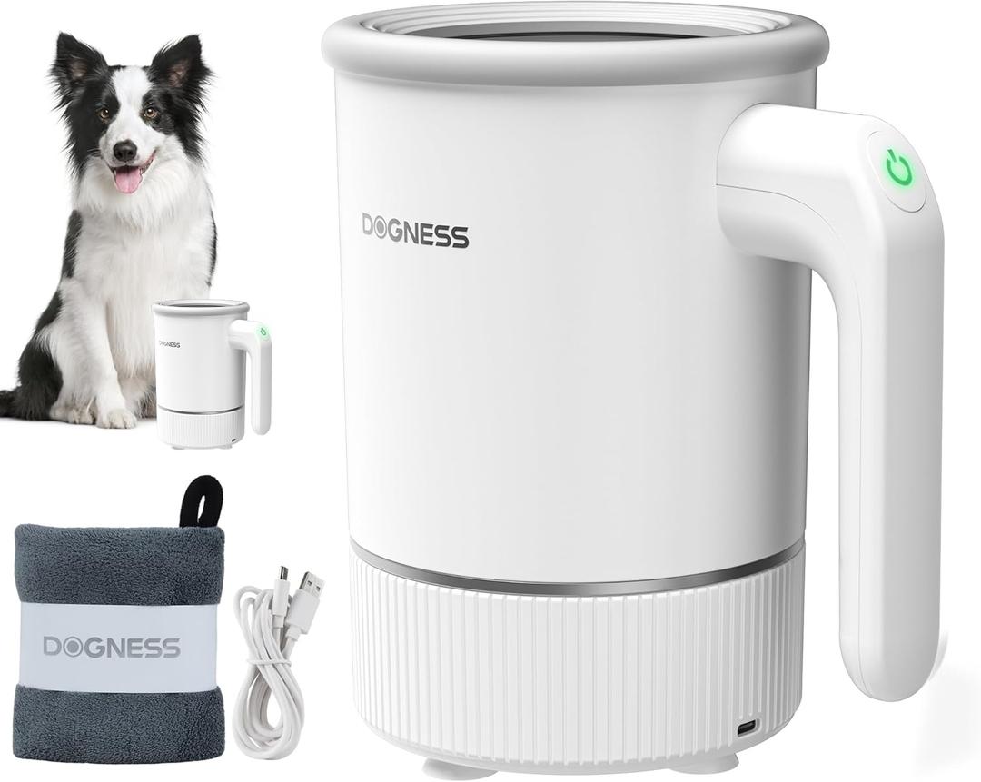 DOGNESS Automatic Dog Paw Cleaner and Massager, Electric Paw Washer for Dogs Portable Paw Cleaner Cup, Dog Foot Cleaning Machine USB Rechargeable, Designed for Medium to Large Dogs (White)