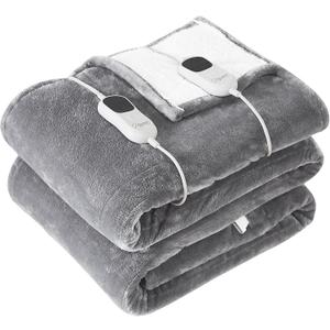 Homemate Electric Heated Blanket Queen - 84"x90" Heating Blanket Queen Size Dual Control 1/2/4/6/8 Hours Auto-Off 10 Heat Level Over-Heat Protection Flannel Sherpa ETL Certification (Light Grey)