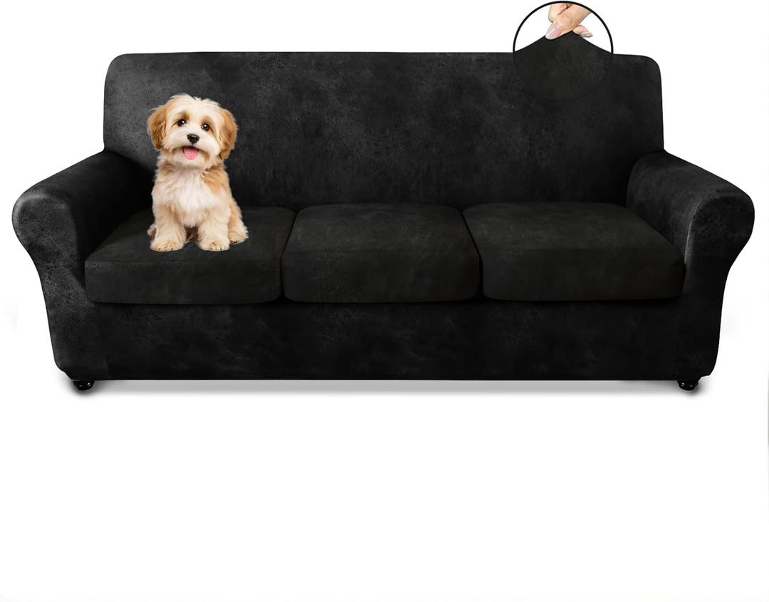 ANARACHON Sofa Slipcover 4-Piece for 3 Cushion Couch, Faux Leather Fabric NO Slip Scratch-Resistant Durable Stretch Furniture Protector, Pet Friendly for Dogs & Cats, Machine Washable, (Black)