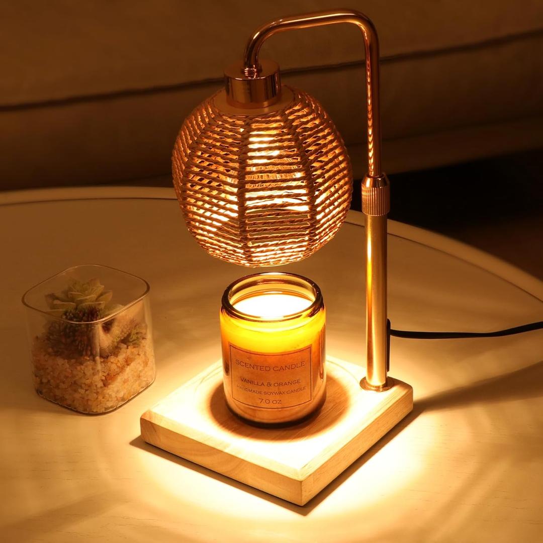 Candle Warmer Lamp with Timer Dimmable, Natural Weaving Boho Electric Candle Lamp, Wax Warmer Lamp for Mothers Day Gifts for Mom, House Warming Gifts New Home Decor (Gold)