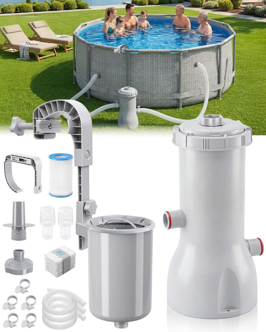1000 GPH Pool Pumps and Skimmer for Above Ground, Floating Pools Surface Skimmer Basket with 10 Pcs Skimmers Socks, Swimming Pools Pump with Removable Filter Cartridge, Pool Accessories Combo