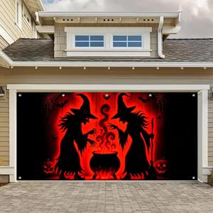 Halloween Garage Door Cover 13x6Ft Witch Cauldron Banner Spooky Witch Silhouettes Halloween Backdrop Red Glow Garage Decoration for Trick or Treat Outdoor Party Haunted House Display