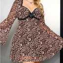MakeMeChic Women's Plus Size Lace Leopard Print Dress Bell Sleeve Bow Front Dress Mini Party Dresses (XXXL)