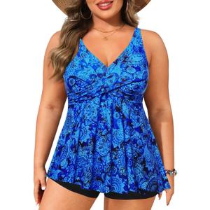 Plus Size Tankini Top Only - Flowy Bathing Suits Top Plus Size Swim Top 2025 Modest Swimsuits Top (Blue Paisley)
