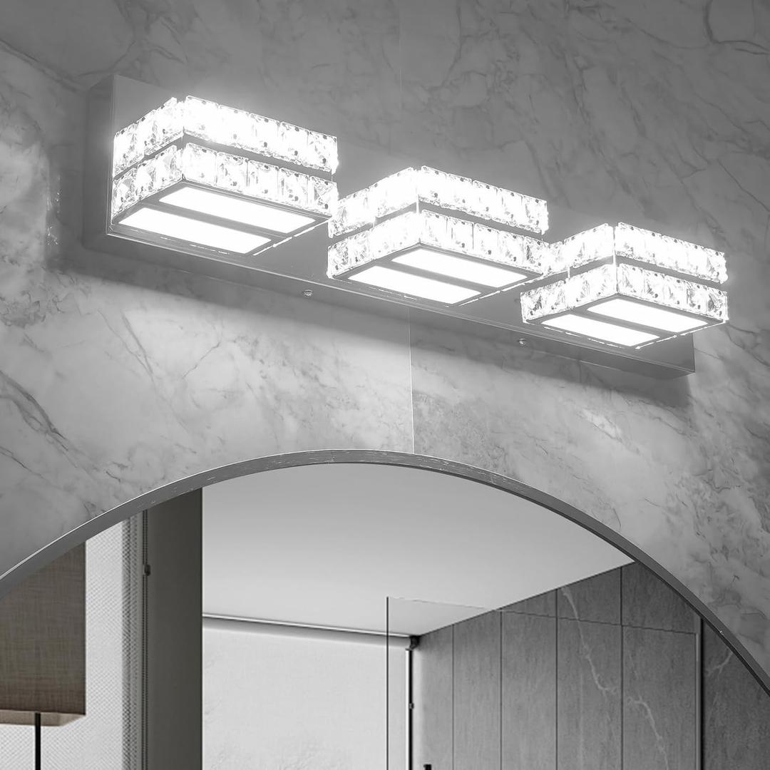 Bathroom Crystal Vanity Light Fixtures, Modern LED Vanity Light for Bathroom, 3 Lights Crystal Mirror Front Lamp, 6000K Cool White, 18W, Dia 22 Inch ETL Listed, 3 Light Cold White Dimmable