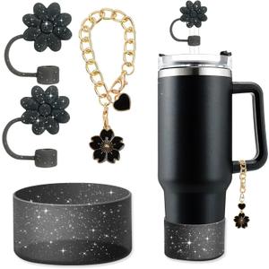 2 x Accessories for Stanley Cup,2Pcs Silicone Flower Straw Cover Caps 10mm Glitter Black Straw Toppers,1Pcs Cute Handle Charm and 1Pcs Bling Silicone Boot Sleeve for Stanley 30&40oz Tumbler