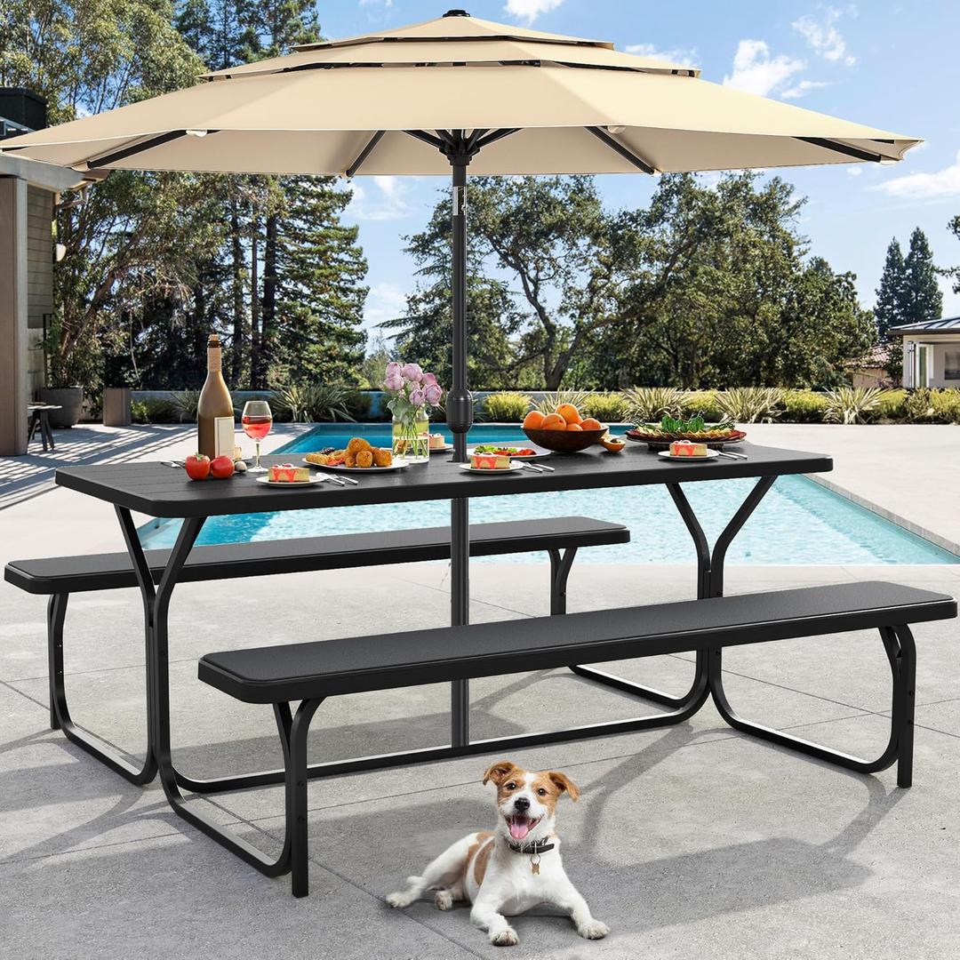 DWVO 6FT Picnic Table, Heavy Duty Outdoor Picnic Table and Bench w/Umbrella Hole, Resin Tabletop & Stable Steel Frame Ideal for Yard Patio Lawn Party, Black