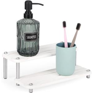 Segbeauty 2 Tier Fast Dry Diatomaceous Vanity Tray, 11x4.3in Water Absorbing Stone Drying Tray, Quick Drying Bathroom Counter Dish Soap Dispenser Rack, Kitchen Counter Sink Organizer Sponge Holder (White)