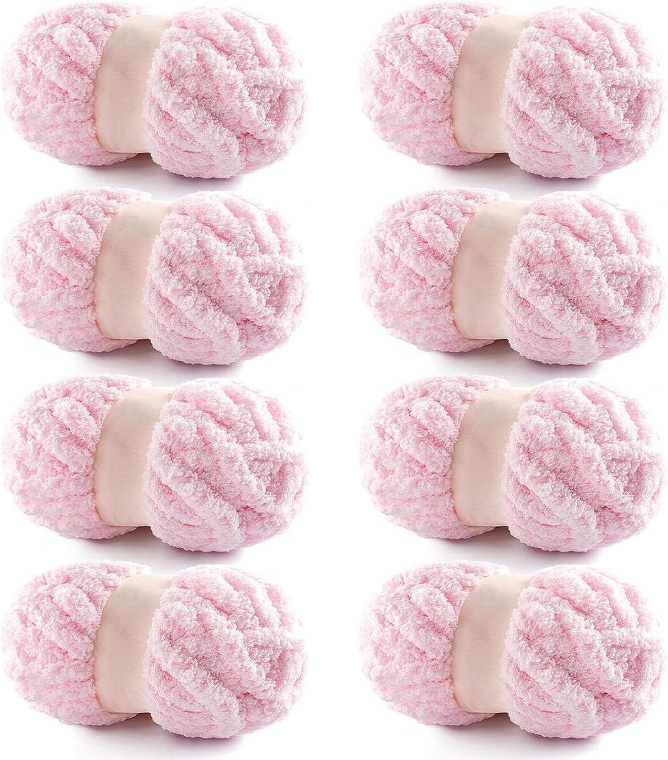 8 Pack Chunky Chenille Yarn for Hand Knitting and Crocheting - Jumbo Fluffy Blanket Yarn - Super Bulky 28.4 Yds 7.7 Oz Each Skein (Light Pink)