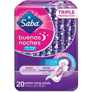 Saba Buenas Noches Overnight Maxi Pads with Wings, Built for Absorption Distribution and Protection, The Ultimate Overnight Feminine Care Pad for Women, 60 Pads 120 Count (6 Packs of 20)