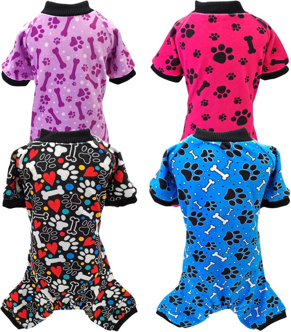 PET SHOW 4 Pack Small Dog Pajamas Paw Bone Patterns Cute Clothes for Medium Dogs Soft Stretchy PJs 4 Legged Jumpsuit Puppy Cats Onesies Outfits with Sleeve Dachshund Doggies Girl Boy (Medium)