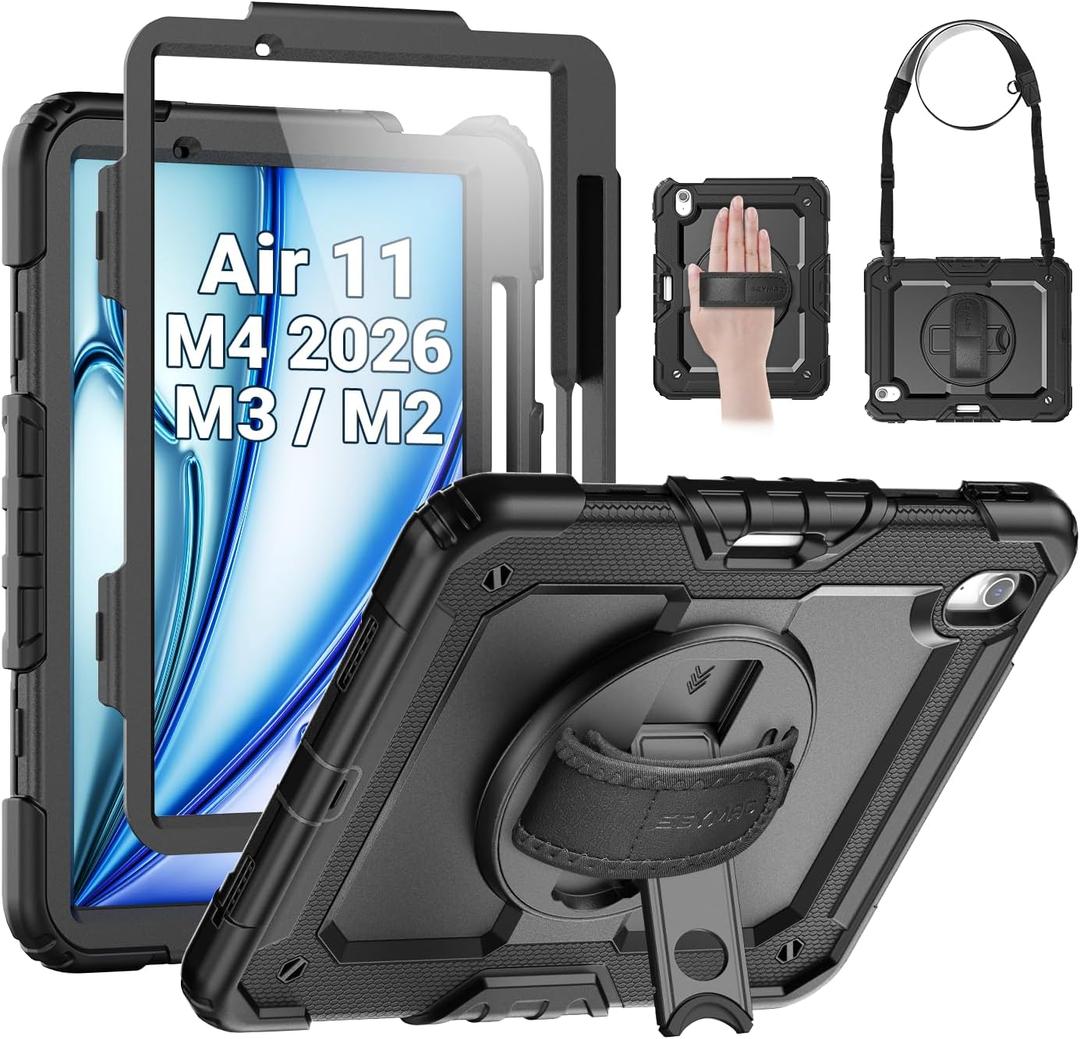 SEYMAC Case for iPad Air 11 Inch M4 / M3 / M2 (2026/2025 / 2024), Heavy Duty Shockproof Protective Case with Screen Protector, 360 Rotating Stand and Hand/Shoulder Strap, Black 