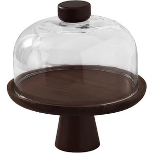 Acacia Wood Cake Stand with Lid, 11 in Round Cake Holder with Clear Glass Dome, Pedestal Dessert Display Plate, Wooden Dessert Serving Stand for Party, Wedding, Celebration