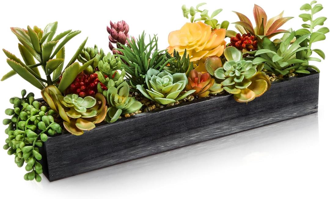 Canlierr Artificial Succulent Arrangement 16 Inch Faux Succulents Plants in Black Rectangular Wooden Pot Faux Potted Plants for Table Centerpiece Window Sill Greenery Decor