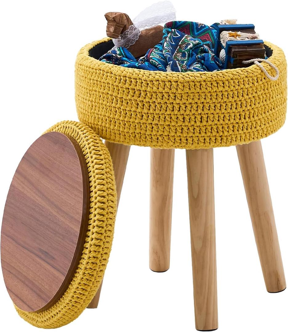 Wimarsbon Pouf Ottoman, 100% Cotton Knitted Boho Footstool, Round Footrest with Non-Skid Wood Legs, Home Dcor Handmade Pouffe, Leisure Floor Step Stool for Living Room (High Storage Yellow)