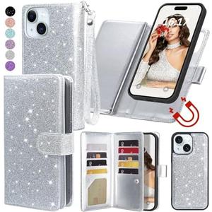 Varikke for iPhone 14 Plus Wallet Case Detachable with Card Holder for Women, Fashion Glitter PU Leather Strap Strong Magnetic Flip Wallet Removable Phone Case Cover for iPhone 14 Plus 6.7", Silver