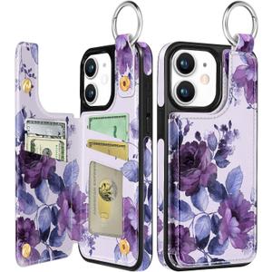 Shorogyt Compatible with iPhone 11 Wallet Case with Card Holder - Designer Purple Flower Pattern Kickstand Magnetic Clasp Back Flip Folio Leather Phone Covers for Women Men Girls