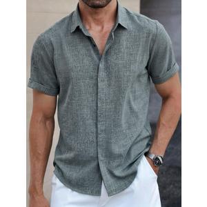 Men's Shirts V-Neck Short Sleeve Casual Button Down Shirt Solid Color Summer Beach Business Shirt Black, 2-XL