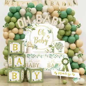 Sage Green Baby Shower Decorations, Gender Neutral Baby Shower Decorations, Greenery BabyShower Party Supplies, Oh Baby Backdrop Tablecloth Balloon Garland BABY Box Welcome Baby Banner