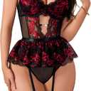Women Lingerie Set Naughty Lace Bodysuit High Waisted Underwire Lingerie Babydoll With Garter Belt and Stockings (3X-Large, Black & Red)
