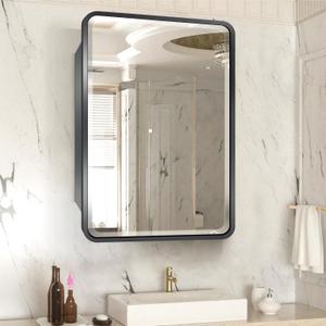 1624inch Medicine Cabinet,Mirror Cabinet with Beveled Mirror,Soft Close Hinge,Brushed Metal Framed,Detachable Side Plate for Recess Mount or Surface Mount,Black