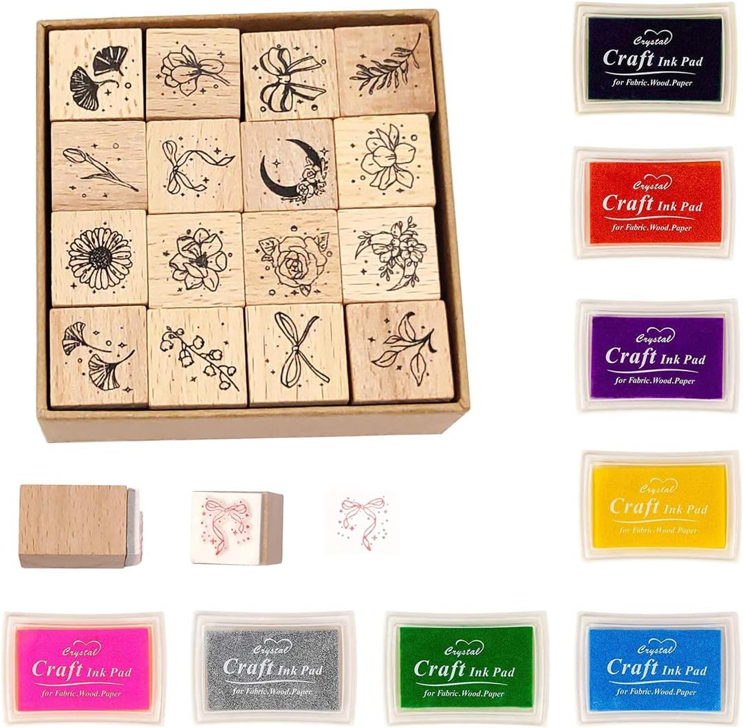 of 24 Pcs Rubber Stamp and Craft Ink Set 16 Pcs Wooden Rubber Stamps 8 Pcs Ink Pad for Craft DIY Card and Scrapbooking
