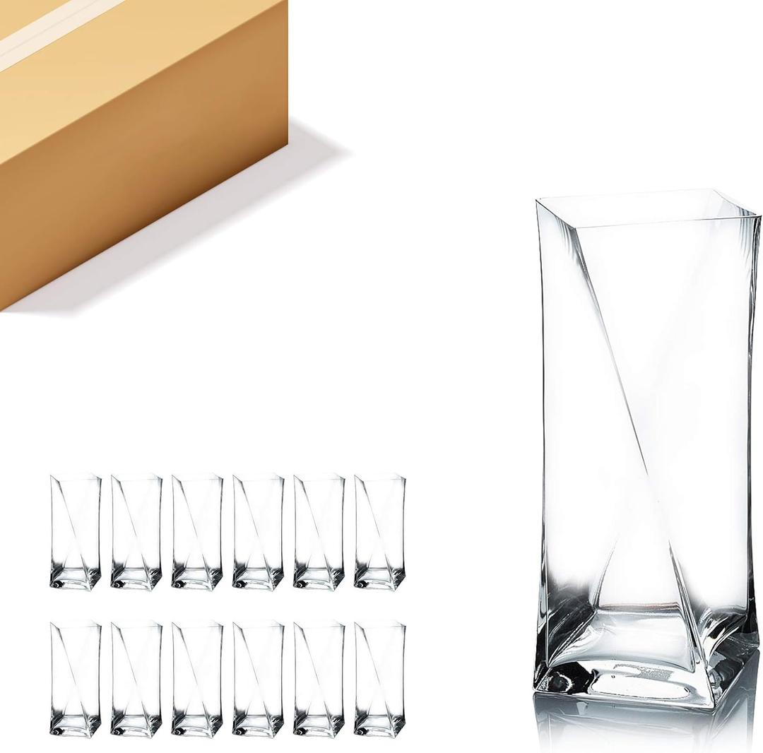 WGV Twist Bouquet Vase Bulk, 4" W, 10" H, Clear Square Block Gathering Hurricane Glass Floral Container, Centerpiece, Home Wedding Event Decor, 12 Pieces(VUT0410)