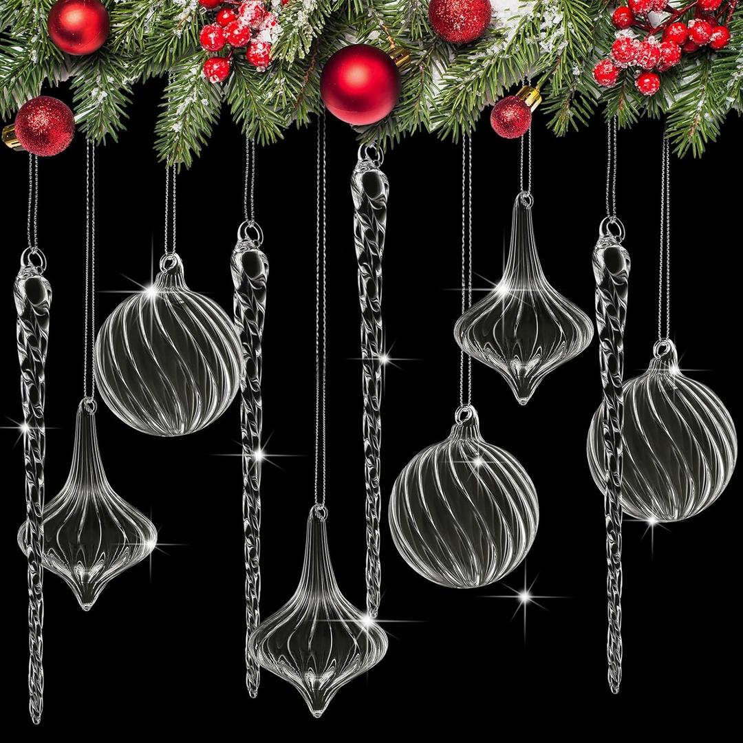 Seematn 18 Pcs Clear Christmas Glass Ornaments Ball Icicle Drop Ornaments Hanging Crystal Balls Glass Bulbs for Xmas Tree Home Indoor Party Elegant Winter Festival Crystal Decorations