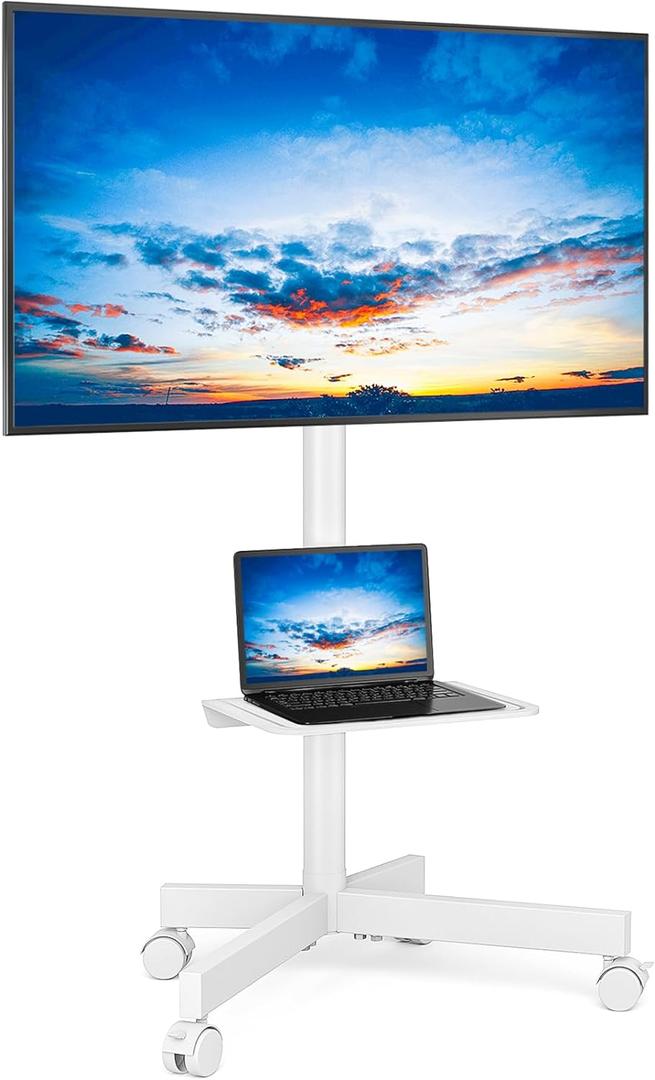 Rfiver Mobile TV Stand for 23-60 Inch LCD LED Flat/Curved Panel Screen TVs up to 88 lbs, Rolling TV Stand with Adjustable Shelf & Tilt, Portable Floor Stand on Wheels for Bedroom, Living Room, White
