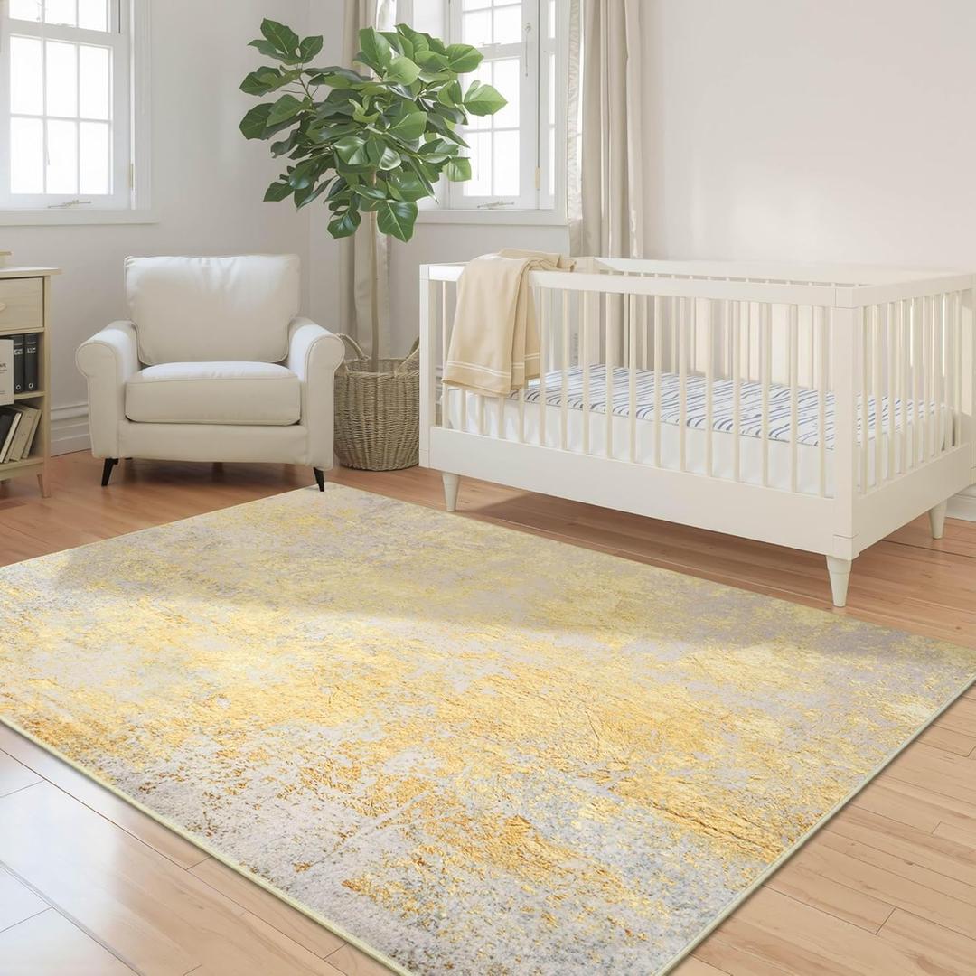 Nursery Rug for Baby Girl, 5x7 Gold Washable Rugs for Living Room Bedroom Dorm Non Slip, Stain Resistant Neutral Carpet Low Pile for Classroom, Dining Room, Kids Playroom Home Decor Rugs