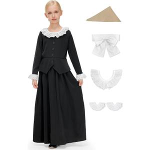 BesserBay Girls 5Pcs Colonial Black Costume Long Sleeve Ruffled Collars Button Dress 10 Years