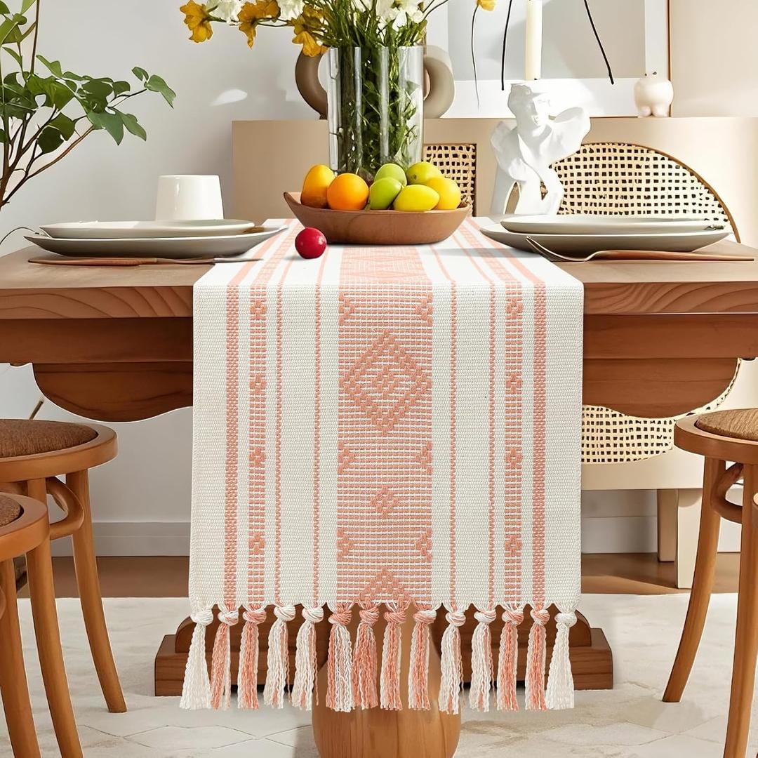 4 x OTOSTAR Pink Table Runner 13x72 Inches Boho Rustic Table Runner with Tassels Farmhouse Kitchen Dining Macrame Table Decoration for Christmas Home Wedding Party Birthday Holiday Decor (Pink)