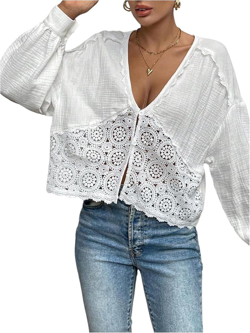 Verdusa Women's Boho Eyelet Button Down Blouse Long Lantern Sleeve Crop Tops (Large, White)