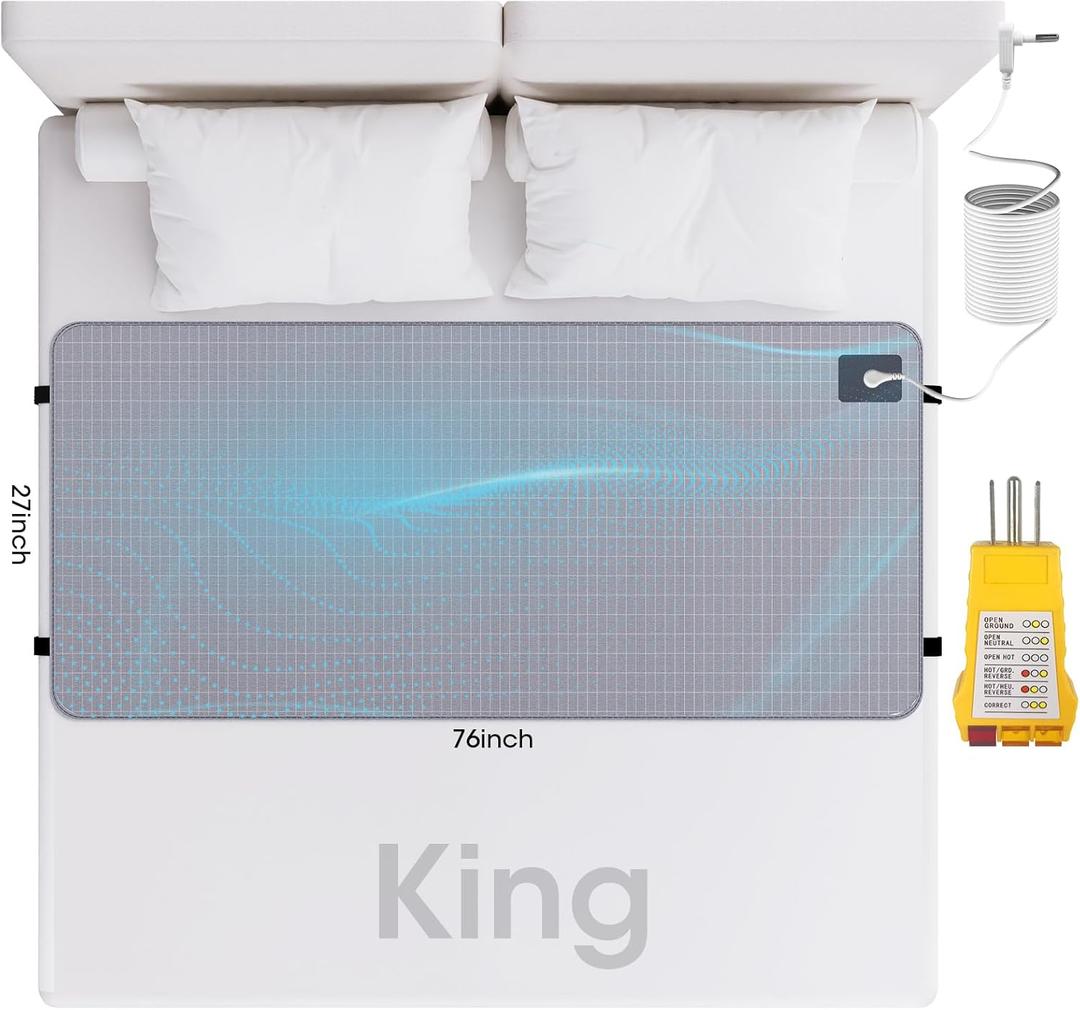 Grounding Mat for Bed, Grounding Mat with 10% Silver Fiber and 90% Cotton, 27x76 Connected Earth Grounding Sheets with Outlet Tester and Grounding Cord (King)
