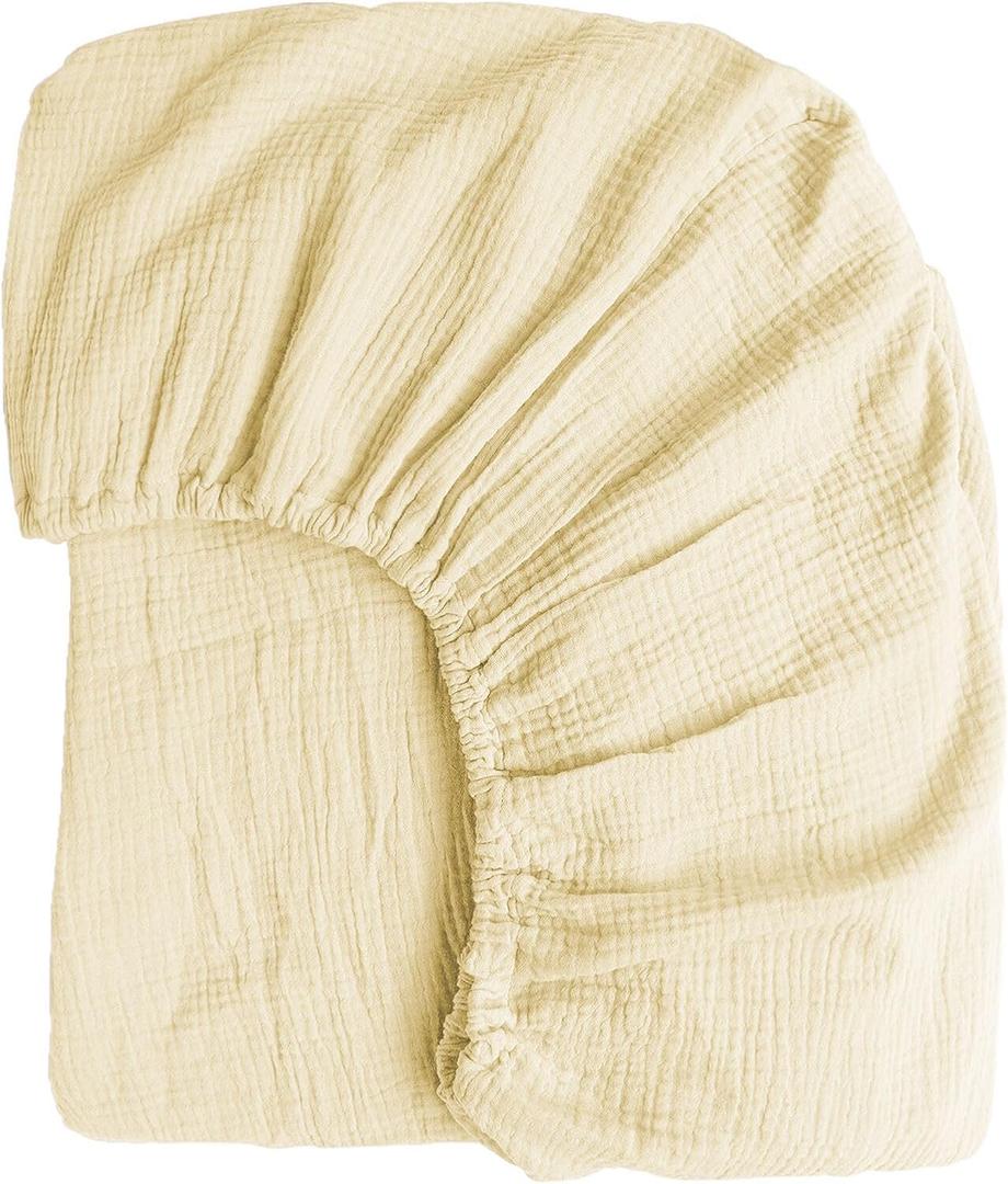 100% Muslin Cotton Cream Fitted Sheet King Only with 16" Elastic Deep Pocket, 1 Pack Soft Breathable Absorbent Gauze Double Fitted Bottom Sheet, Minimalist Fluffy Wrinkle Mattress Protector