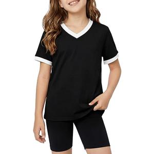 Poroka Girls Short Sleeve Shirt V-Neck Tee with Ribbed Trim Plain T-Shirts Soft Fashion Summer Tops for Girls, 11-12Y