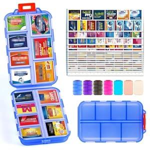 PILABEL Travel Pill Organizer with Bulk Stickers & Labels - Small & Portable Daily Medicine Pharmacy for Pocket, Bag - 14-Compartment Foldable Supplement Box Holder for Fish Oil Vitamin - Clear Blue