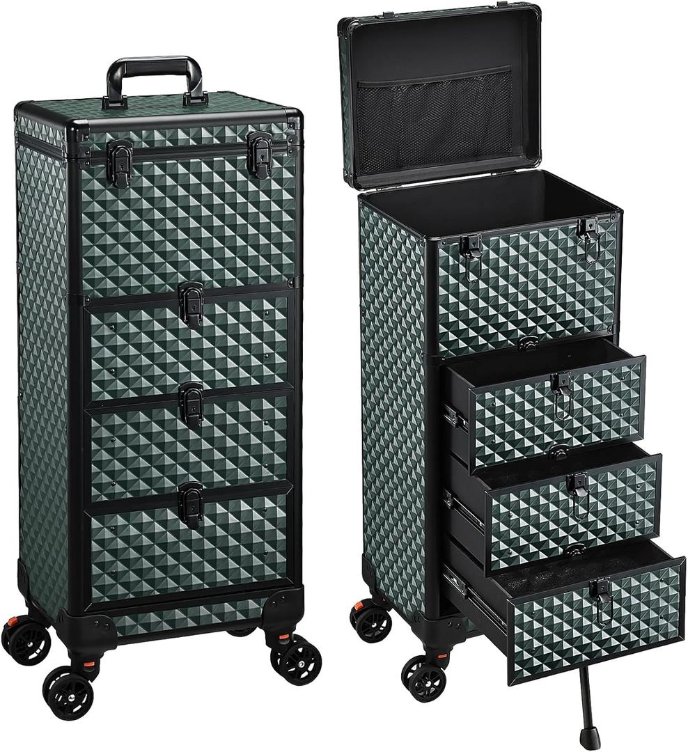 Yueieoun Nail Trolley Cart with 3 Drawers, Salon Station Cosmetology Case on Wheels Rolling Makeup Train Case Nail Case Organizer Beauty Salon Travel Case for Nailart, SPA, Hairstylist,Artist, Dark Green