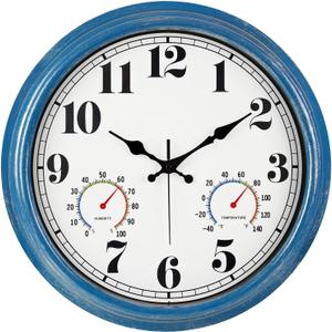 JENLYSTIME 16 Inch Blue Vintage Waterproof Indoor/Outdoor Wall Clock with Thermometer & Hygrometer, Large Numerals & Silent Sweep Movement - Ideal for Porch, Garden, Pool, Bathroom