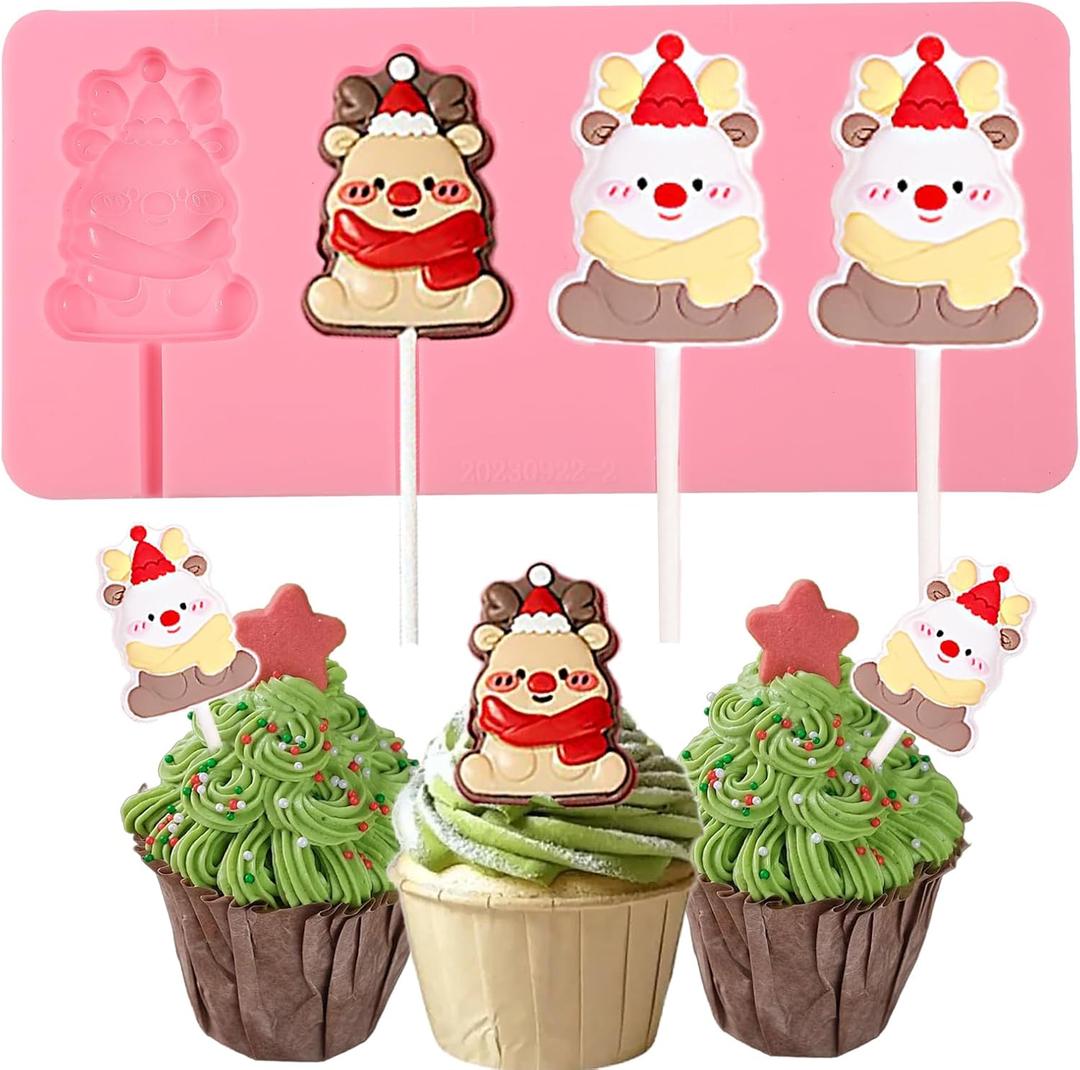 3 x 1 Pcs Christmas Party Cake Decoration Fondant Mold, Elk Candy Lollipop Silicone Mold for Chocolate Cookie Flower Paste Dough Gum Mousse Clay Resin Plaster Easy to Clean and Demold