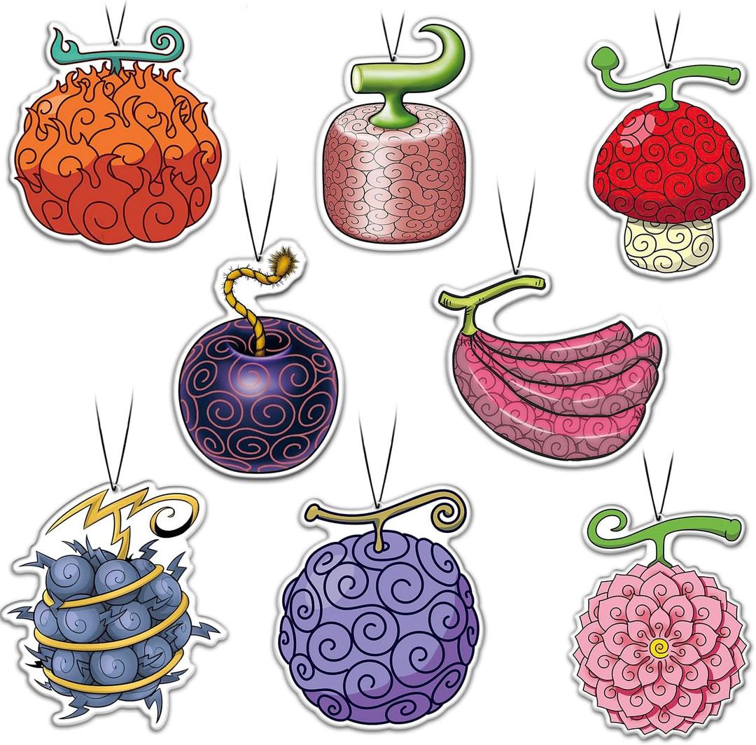 Pounchi Anime Fruit Car Air Freshener Cards (8 Pack Refreshing Ice Scent) Cute Anime Accessories for Car Interior Hanging Gift Rearview Pendant Supplies