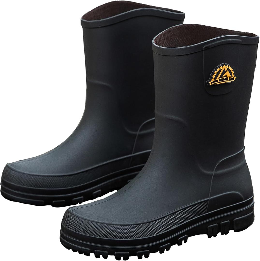 Waterproof Garden Rain Boots for Men Breathable Lightweight Mid Calf Deck Fishing Outdoor Slip Resistant Shoes (8.5 Women/7 Men, Black)