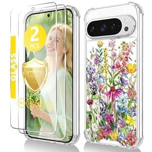 Solanaluna for Google Pixel 9 Pro XL Case+Tempered Glass Screen Protector, Slim Soft TPU & Hard PC, Girls Women Crystal Clear Cute Floral Pattern Shock Absorption Case Cover for Pixel 9 Pro XL