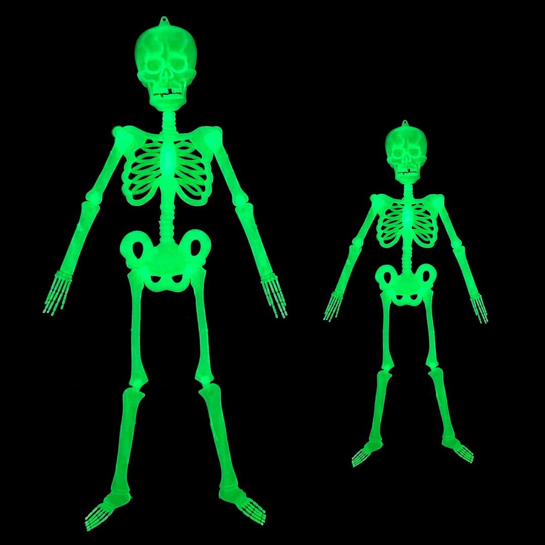 Droutti 2 Pack Halloween Luminous Skeleton Decorations 5ft / 3ft Full Body Glow-in-The-Dark Skeleton Rotatable Skeleton Hanging Decors for Halloween Party Haunted House Outdoor Decor
